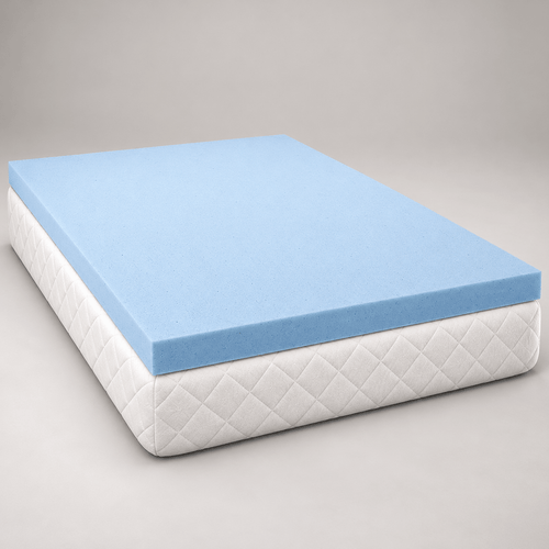 Rack Mat v1.0 blue cooling gel memory foam mattress topper displayed in studio