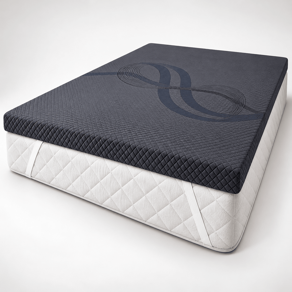 Rack Mat v2.0 cooling gel memory foam mattress topper with dark gray cover and white securing straps in studio