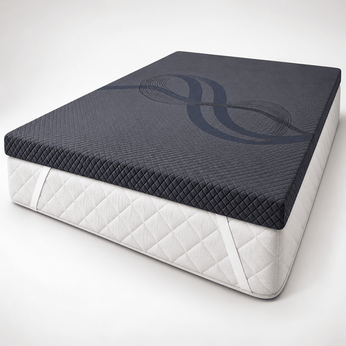 Rack Mat v2.0 cooling gel memory foam mattress topper with dark gray cover and white securing straps in studio